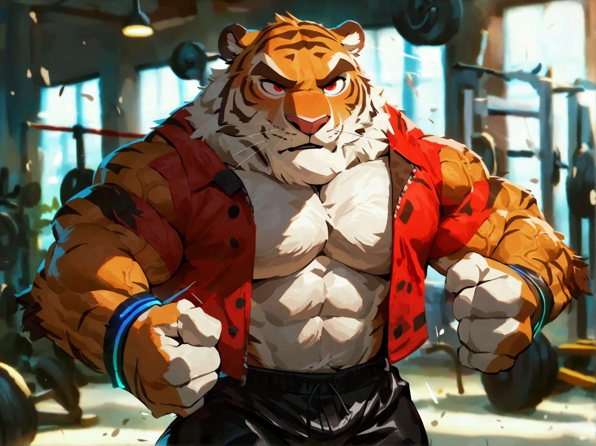Solo, Sweating, hard breathing, gym, huge muscular, huge pectoral, pectoral, furry tiger, masterpiece, hi res, hight detail, detailed, 8k