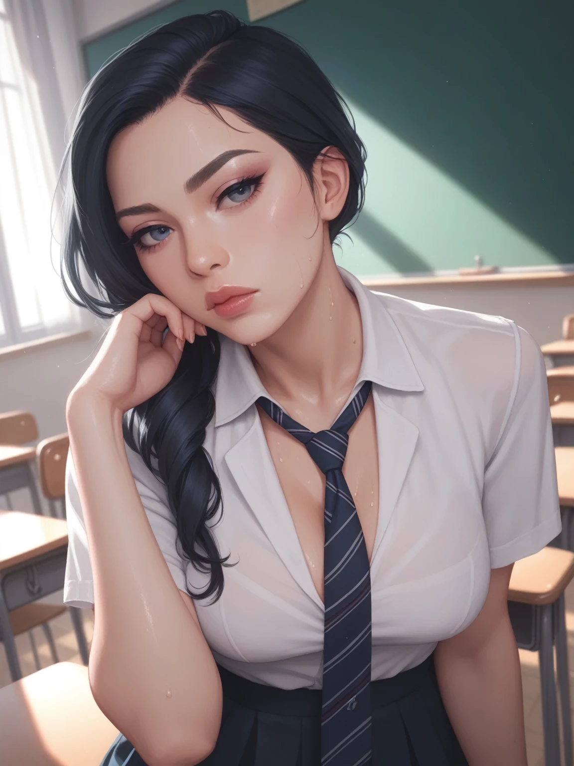 full angle, realistic, naughty girl like Vayne, bored facial, necktie, sweaty, in the classroom, evening light,