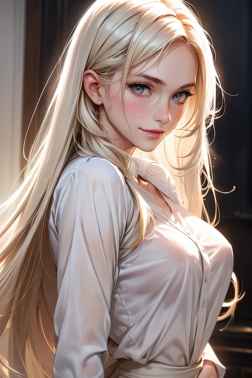 A beautiful 25 -year -old girl, long hair, blond hair, (detailed face: 1.4), (white skin), gray eyes, perfect nose, pink lips, smiles, blushed, looking at the camera, white sleeve shirt, (transparent shirt ), neckline, medium breasts, (only face)