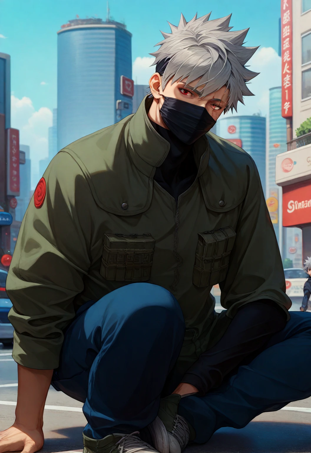 masterpiece,  Best Quality ,  8k, Sharingan, chidori, 1 boy, Kakashi,   gray hair , covered mouth,  mouth mask ,  red eye , scar on the eye, Protetor de testa, (urban clothing:1.2), y2k style,  full body 