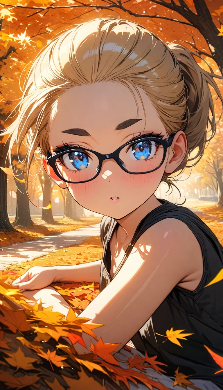 Speedy Shot,(Top quality masterpiece),detailed,ultra detailed,hyper detailed,insanely detailed,Exquisite,Beautiful Full HD,16k,cute,Fantasy,A vibrant academic community,Soft line design,Soft　Surface,Simple line drawing,The best light,Fast Shutter Speed,  depth of border described,Highly saturated colors,BREAK,
(10yo),skinny,flat chested,(forehead,hair slicked back:1.3),Beautiful blonde hair,(blue eyes),(black nodoka glasses),thick bluish eyeshadow, thin eyebrows, thick black eyeliner, Highlighted eyes with eyeliner, false eyelashes,BREAK,
fall leaves for  discharge,((night)),A tree with colored leaves illuminated,stand next to a tree,BREAK,
Knit hat, mittens, duffel coat, boots
