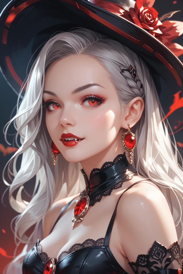 beautiful detailed eyes, beautiful detailed lips, extremely detailed eyes and face, long eyelashes, 1 girl, blood, solo, breasts, blood on face, jewelry, red eyes, cleavage, medium breasts, necklace, lips, blood splatter, realistic, upper body, petals, long hair, red lips, blood on clothes, white hair, rose petals, (best quality,4k,8k,highres,masterpiece:1.2),ultra-detailed,(realistic,photorealistic,photo-realistic:1.37),vivid colors,portrait,horror,dark fantasy