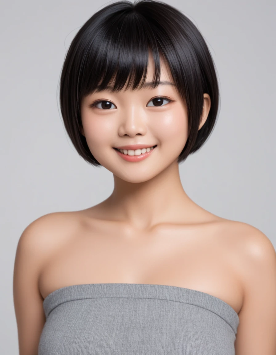 ((High image quality、 high definition、masterpiece、16k，RAW、Realistic、 cinematic lighting 、NSFW:1.4))((female,Asian,natural-asian girl-skin,black hair, evil smile, face ,girl age20, small breast,big eyes,japanese, ,,beautiful asian girl,smile,,japanese girl)) ,Detailed face, hair ornament, ,, ,,,,professional photography)), (round face, round eye:1.2),((Very short cut, matching bangs, pixie haircut: 1.5)),,, ( lifelike skin),  beautiful skin 、  anatomically correct body、((black hair,extra short hair, mushroom cut hair,buzz cut,)),