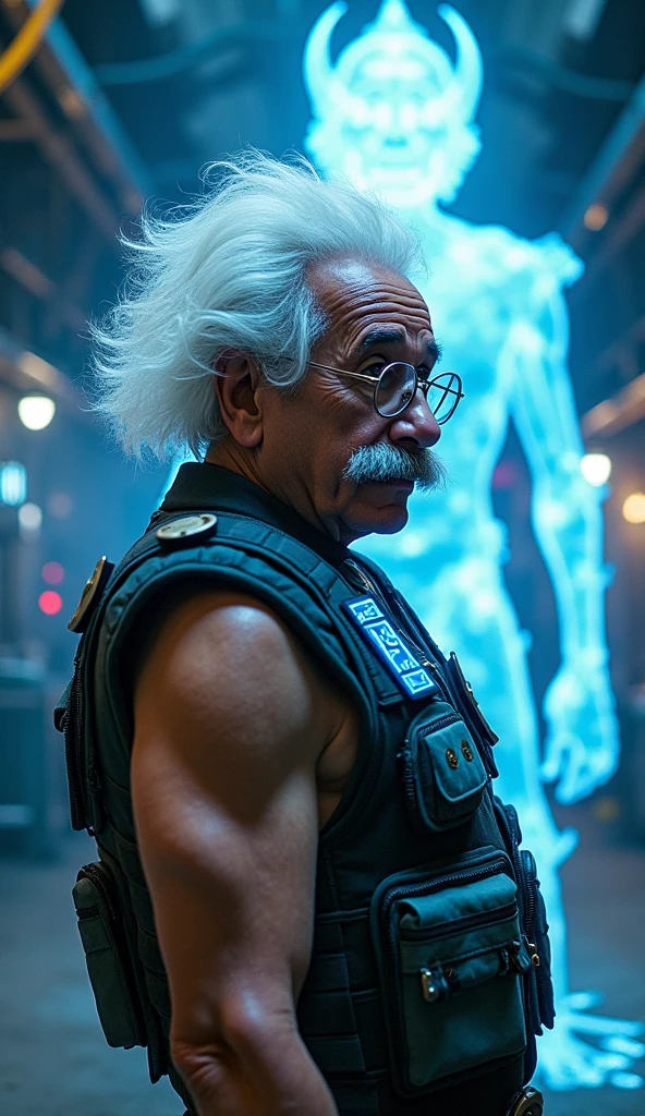 Albert Einstein, fearless expression, plaint chest with Alien, holding king, chest board, on future city, plaint chest with Alien, on future city 4k, realistic, masterpiece, best quality, realistic, detailed, sharp