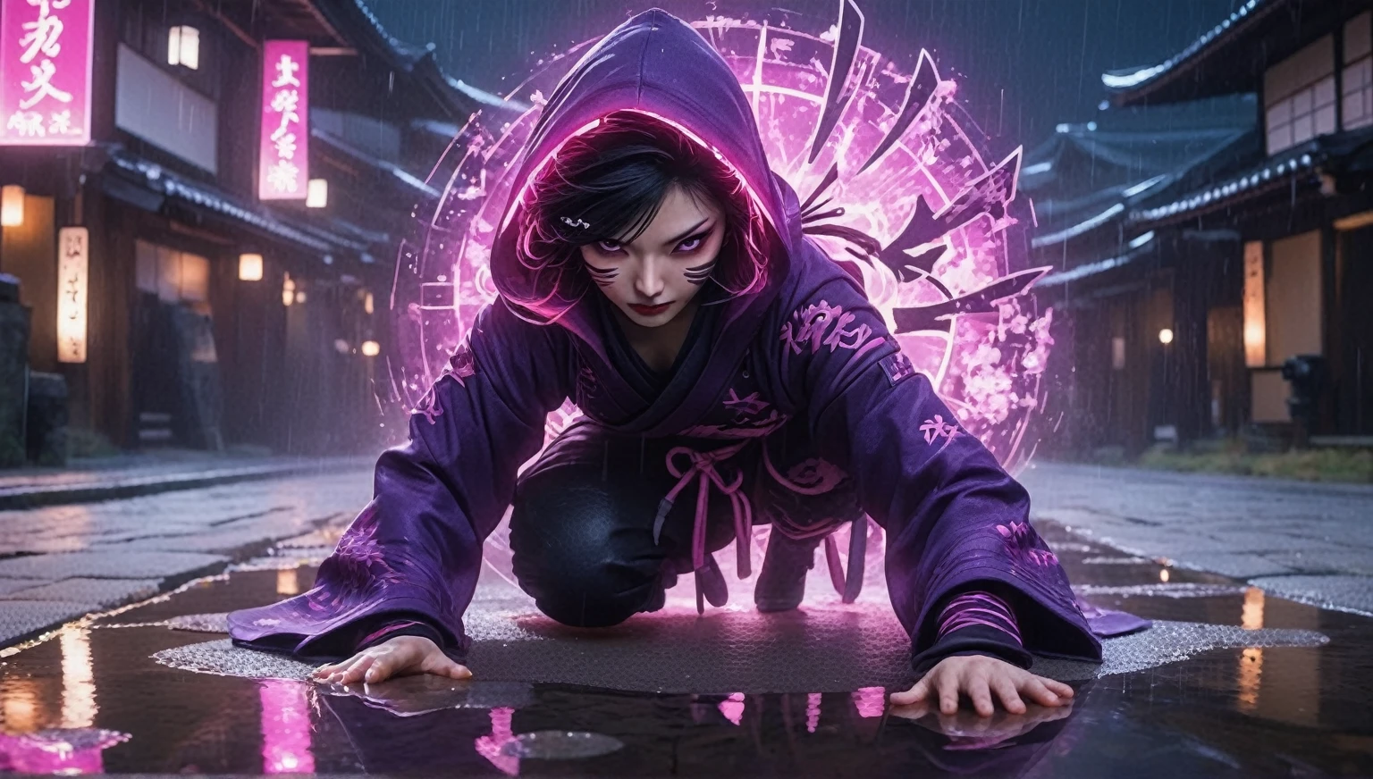 8k,masterpiece,best quality,when no one is around,a female ninja wearing a stylish and cute ninja hoodie Geisha style showing off cleavage,  one eye covered with a black cloth like an eyepatch, stands alone with dark violet aura, now just ready to start running after landing, holding a sword in one hand and a large, shining shuriken in the other. Behind her, a simple sign of a futuristic Japanese neon that shines in pink and purple is reflected in a puddle., Mid night Kyoto in Japan, There is no one around.,A dynamic posture as she bend over after landing and about to start running