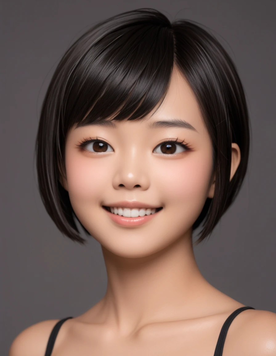 ((High image quality、 high definition、masterpiece、16k，RAW、Realistic、 cinematic lighting 、NSFW:1.4))((female,Asian,natural-asian girl-skin,black hair, evil smile, face ,girl age20, small breast,big eyes,japanese, ,,beautiful asian girl,smile,,japanese girl)) ,Detailed face, hair ornament, ,, ,,,,professional photography)), (round face, round eye:1.2),((Very short cut, matching bangs, pixie haircut: 1.5)),,, ( lifelike skin),  beautiful skin 、  anatomically correct body、cowboy-shot、((black hair,extra short hair, mushroom cut hair,buzz cut,)),