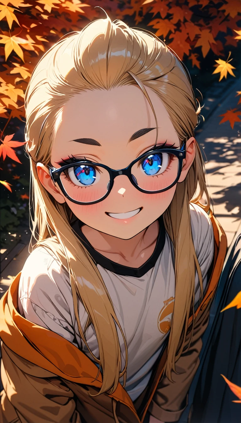 Speedy Shot,(Top quality masterpiece),detailed,ultra detailed,hyper detailed,insanely detailed,Exquisite,Beautiful Full HD,16k,cute,Fantasy,A vibrant academic community,Soft line design,Soft　Surface,Simple line drawing,The best light,Fast Shutter Speed,  depth of border described,Highly saturated colors,BREAK,
(10yo),skinny,flat chested,(forehead,hair slicked back:1.3),Beautiful blonde hair,(blue eyes),(black nodoka glasses),thick bluish eyeshadow, thin eyebrows, thick black eyeliner, Highlighted eyes with eyeliner, false eyelashes,BREAK,
fall leaves for  discharge,((night)),A tree with colored leaves illuminated,stand next to a tree,BREAK,
Knit hat, mittens, duffel coat, boots
