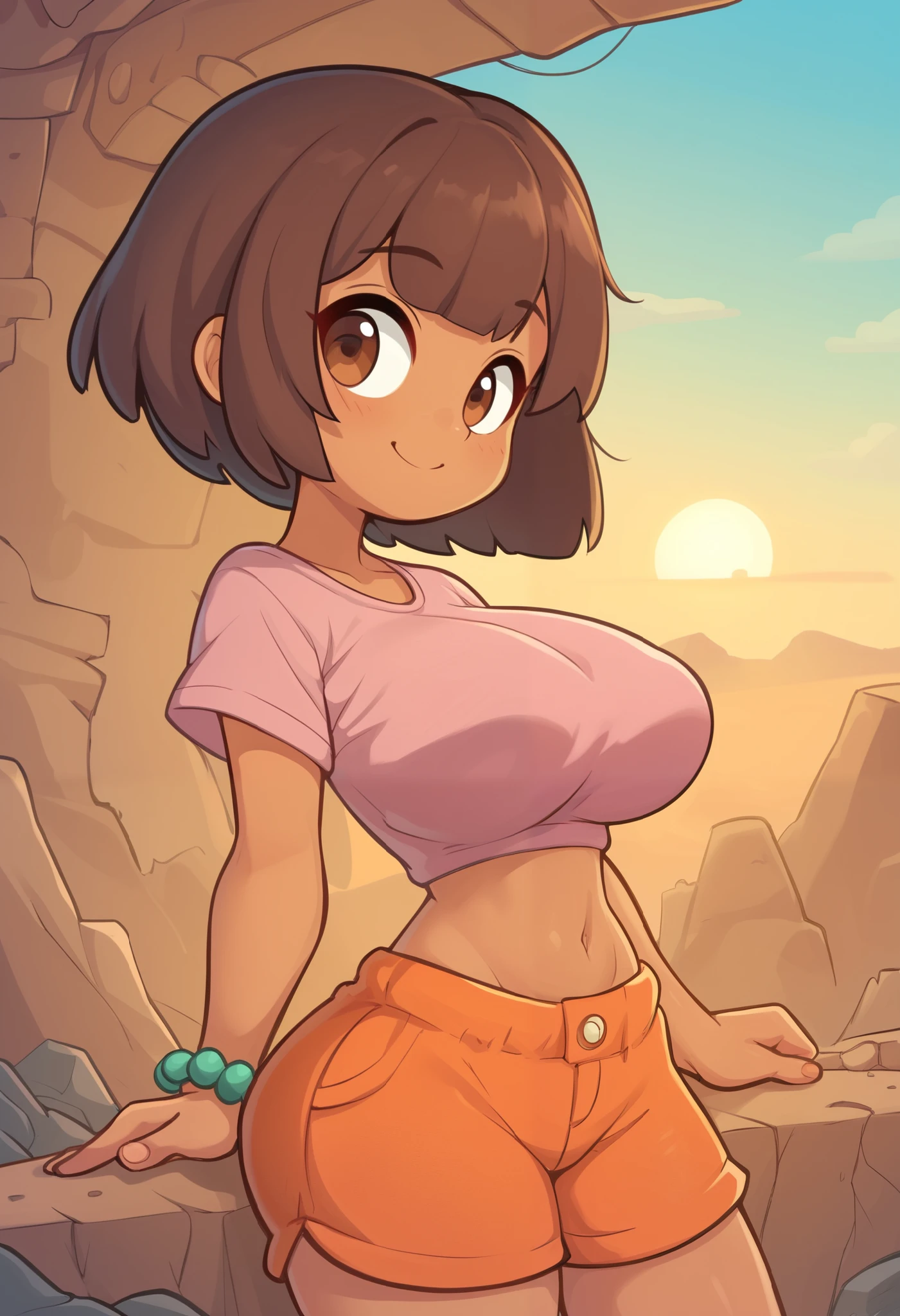 Young teenager, (solo 0.6), dark brown hair, bob cut hair, puffy hair, big hair, bangs, dark tan skin, Latina girl, brown eyes, exploring desert ruins, sunset, pink t shirt, orange shorts, bead bracelet, smiling, huge breasts, bare midriff, slender body, thin waist, cute,