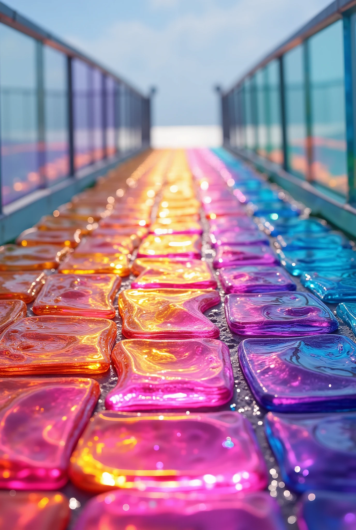 digital art, splash art, close-up shot photo, a bridge made, bricks made from transparent glass, rainbow colors bricks, shining bricks, glistening light bricks, vibrant lighting, high-key lighting