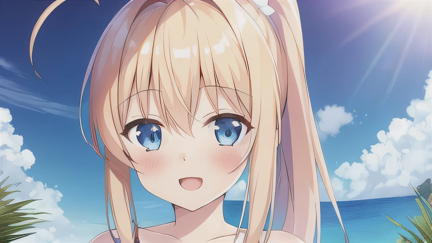 1girl,Eriri blonde hair,blue eyes,sawamura spencer eriri,long hair, small breast, twintails,black ribbon,     High Resolution, Masterpiece, High Quality,  anime screencap,  dynamic angle, takeda hiromitsu style,     tongue , tongue out , pink bikini, cleavage, bikini, close up, background beach, ite