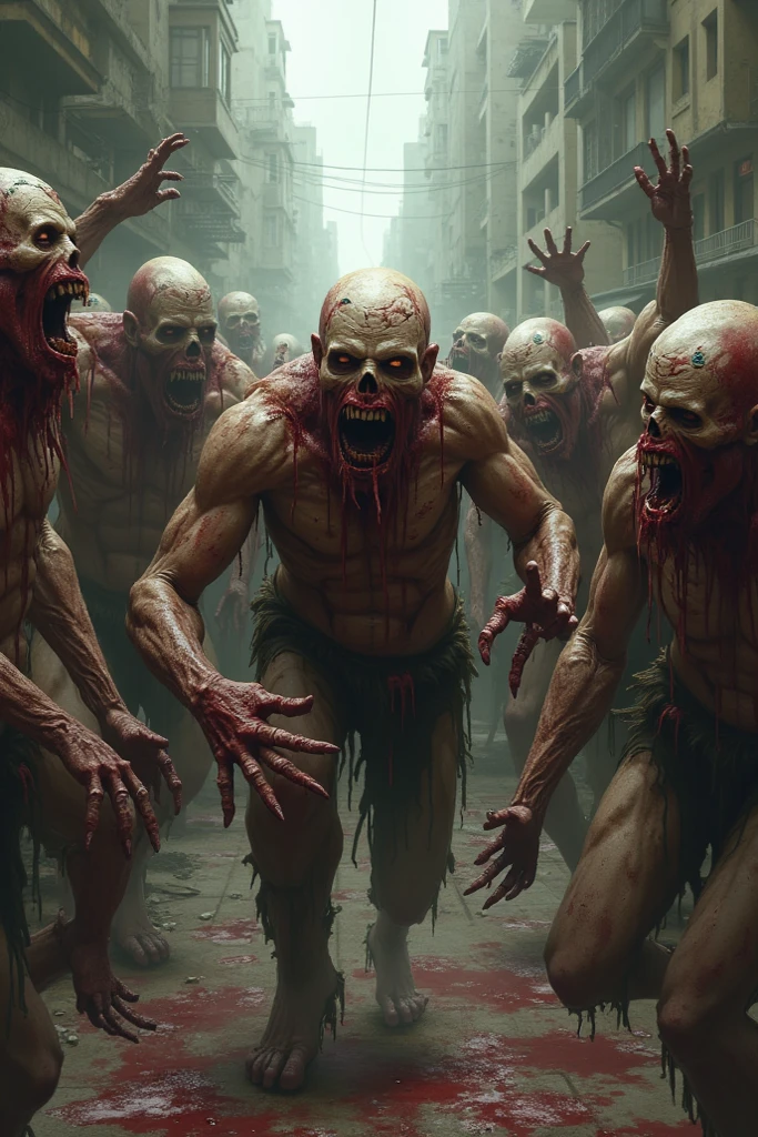 (high resolution, 8k, photorealistic, hyper detailed, masterpiece, exquisite, vivid colors, perfect composition, intricate details,Best Quality, 8K, Masterpiece: 1.2, Photorealistic: 1.37, HDR, UHD),image of a full-body group of zombies,image 3D,