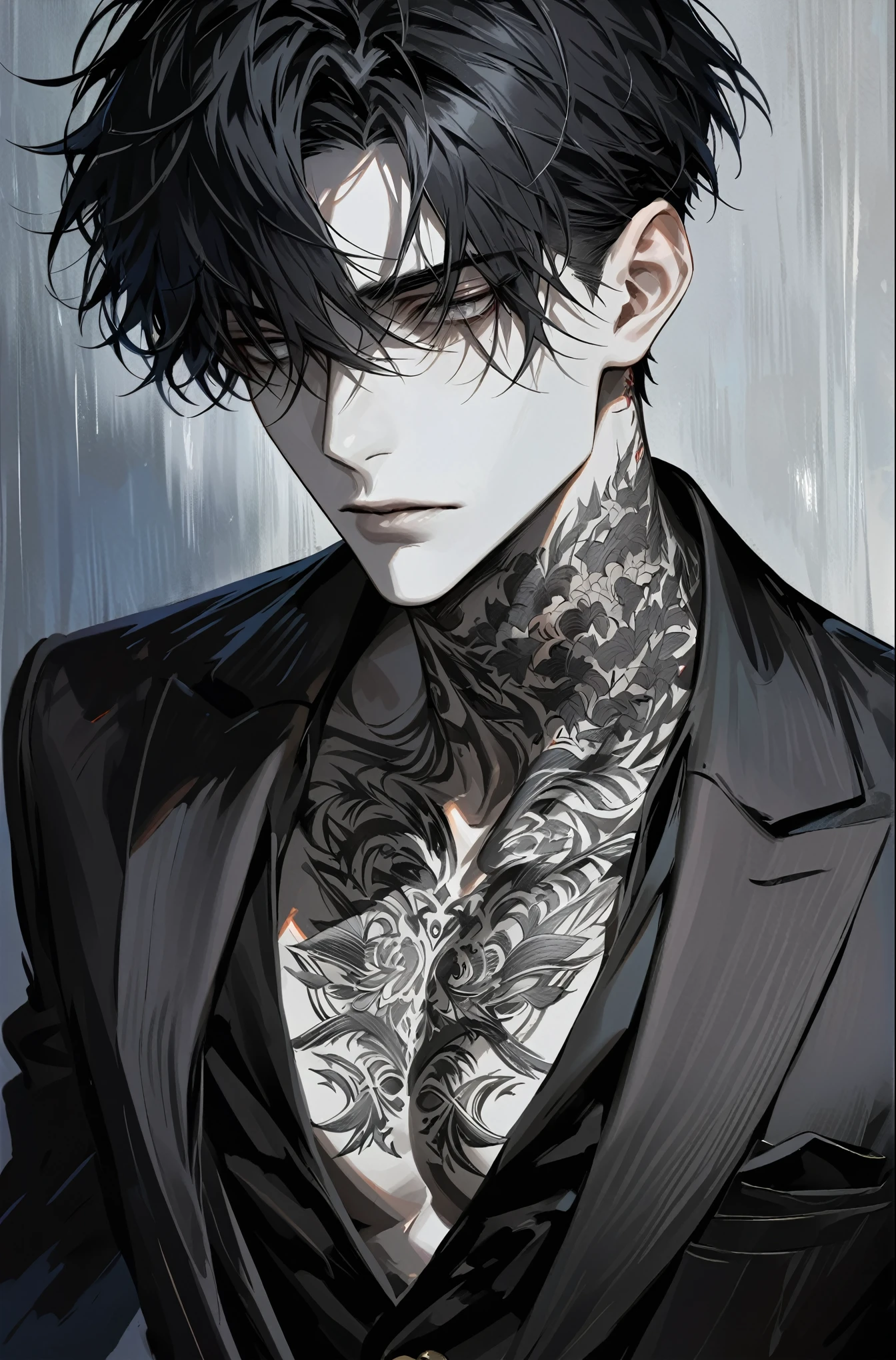 impasto, short hair, masterpiece, best quality, 1 man , black hair , perfect face , grey eye , handsome male , Alone, pale skin , adult male , upper body , delicate line drawing, Extremely detailed, black suit, tattoo on the neck,