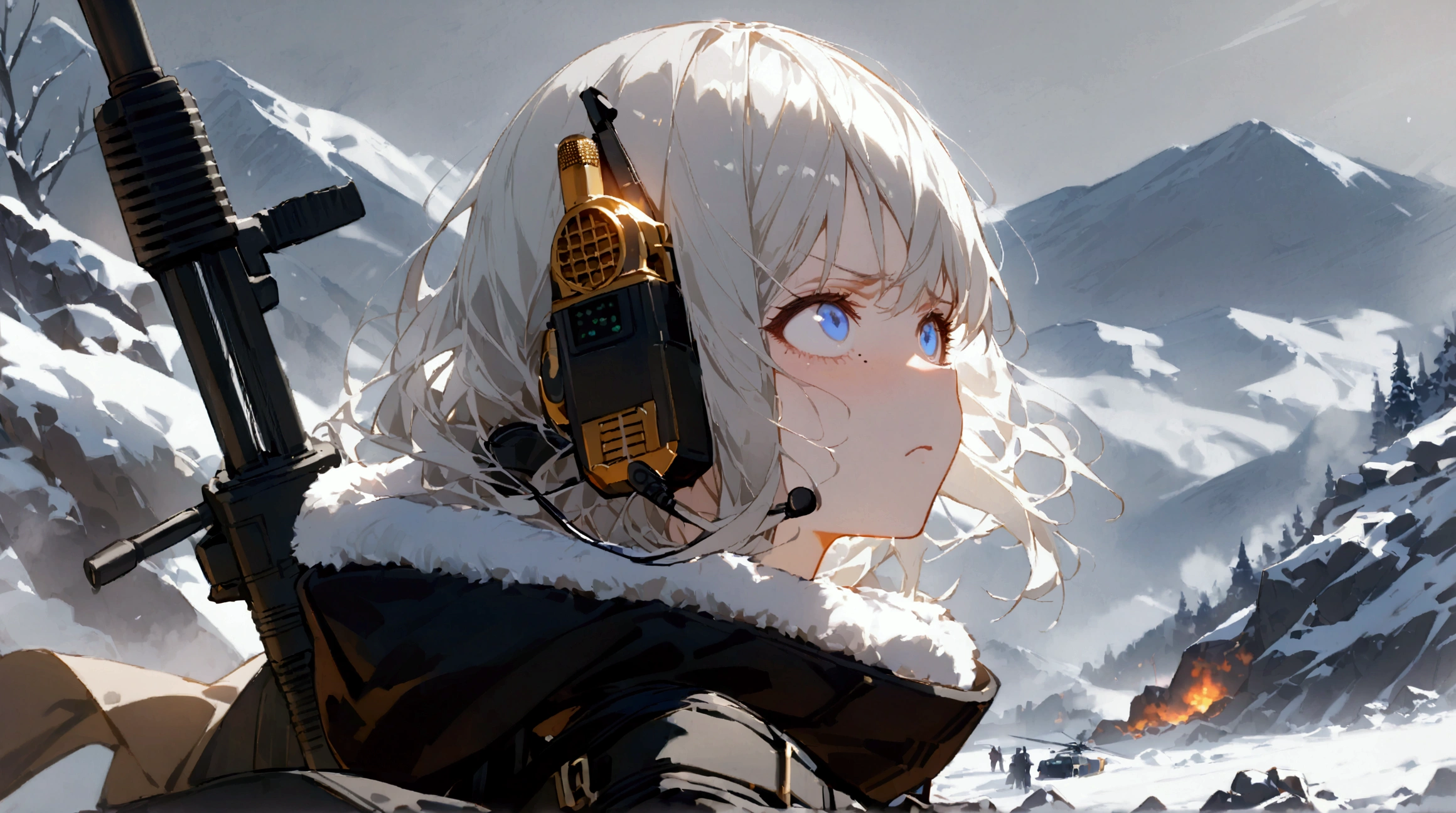 A girl with silver hair  , with blue eyes , gold-engraved hair clip   ,  long straight hair , mole under left eye, earphone walkie talkie   ,  in a black turtleneck with open shoulders , wearing a warm white cloak with a hood  , , the girl is equipped in modern light armor with ry armor on her arms, shoulders and knees,   a sniper rifle weighs behind my back on my belt , disgust on the face  ,  looking up  ,  against the snowy mountains  ,  a crashed military helicopter is burning in the background and there is a snowstorm 