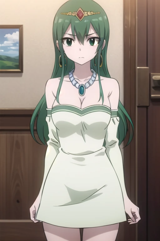 hisui, hisui, long hair, (green eyes:1.5), green hair, hair between eyes,
BREAK dress, cleavage, bare shoulders, jewelry, earrings, necklace, tiara, crown,
BREAK looking at viewer, full body, (cowboy shot:1.5),
BREAK indoors, castle,
BREAK (masterpiece:1.2), best quality, high resolution, unity 8k wallpaper, (illustration:0.8), (beautiful detailed eyes:1.6), extremely detailed face, perfect lighting, extremely detailed CG, (perfect hands, perfect anatomy),