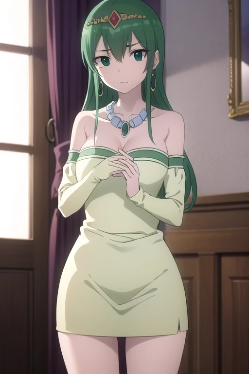 hisui, hisui, long hair, (green eyes:1.5), green hair, hair between eyes,
BREAK dress, cleavage, bare shoulders, jewelry, earrings, necklace, tiara, crown,
BREAK looking at viewer, full body, (cowboy shot:1.5),
BREAK indoors, castle,
BREAK (masterpiece:1.2), best quality, high resolution, unity 8k wallpaper, (illustration:0.8), (beautiful detailed eyes:1.6), extremely detailed face, perfect lighting, extremely detailed CG, (perfect hands, perfect anatomy),