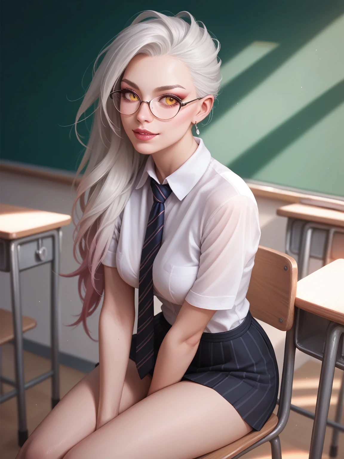 full angle, realistic, naughty girl like Zyra, attractive facial, necktie, glasses, sitting, in the classroom, evening light,