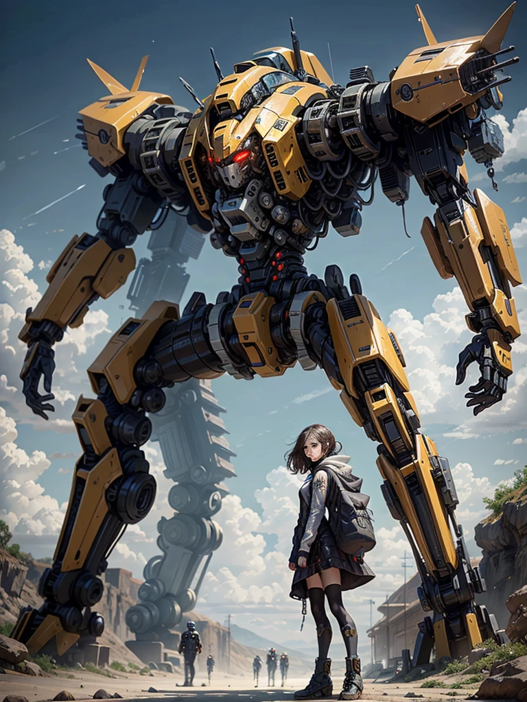 8K resolution, top picture quality, cinematic texture, realistic style, SLR ultra-high-definition camera shooting, Alafard robot standing on the beach, miniature tanks on the beach, tiny battleships on the sea, sea horizon in the background, huge mecha robot, Alexander Ferra mecha, mecha art, mecha aesthetics, realistic fighter mecha, cool mecha style, humanoid mecha, colorful colors,