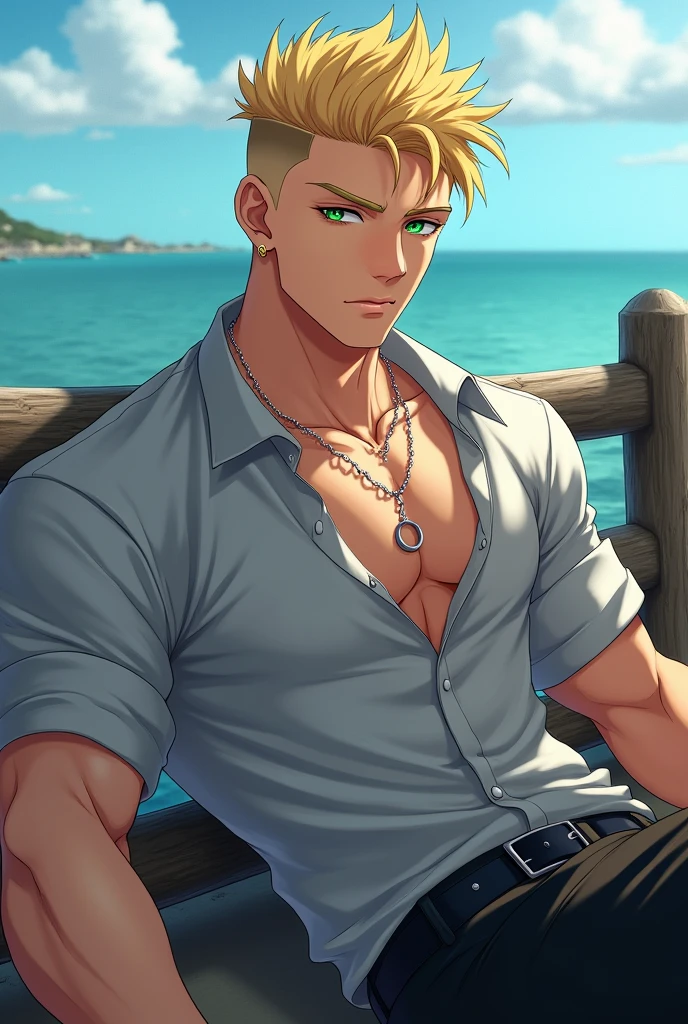 ((best quality)), ((Masterpiece)), (details), perfect face,high definition,Masterpiece,4k,details clearly,,,Handsome face,white skin,perfect body,male body,strong muscles,Abdomen muscles are wavy.,abdomen,blue eyes,white skin,The most handsome man in the world,handsome,,The coolest face,Male characters,Strong breasts,beautiful eyes,Look clearly...,short hair,Blonde hair,smile,happy face,kindness,perfect Body,Sixpack,Bright Skin,Healthy,shorts,Dark eyebrows,shirtless,Model,Bright lights,Posing,Happy,wet Skin,Yacht,on the Yacht,clear sky,Beautiful ocean,stand on boat,The wind is blowing,relexing,Good lips,Full HD,beautiful light,Sun light,focus body,muscular,beautiful eyes,V shape,perfect male face,handsome,sexy man,beach shirt,open shirt,windy,colorful outfits,nacklace chain,Ear piercing
