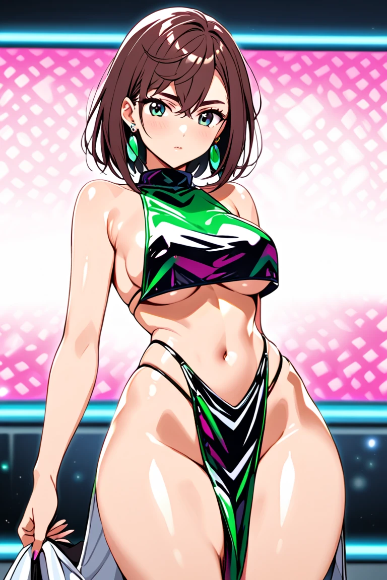 revealing race queen cosplay_(shiny clothes,navel,underboob,pelvic curtain,bare shoulders,stomach,thighs,sleeveless,bare arms,underwear,earrings,jewelry,crop top,sideboob,midriff,thong,highleg panties,panty straps,turtleneck,side slit,shirt,no bra),holding flag,