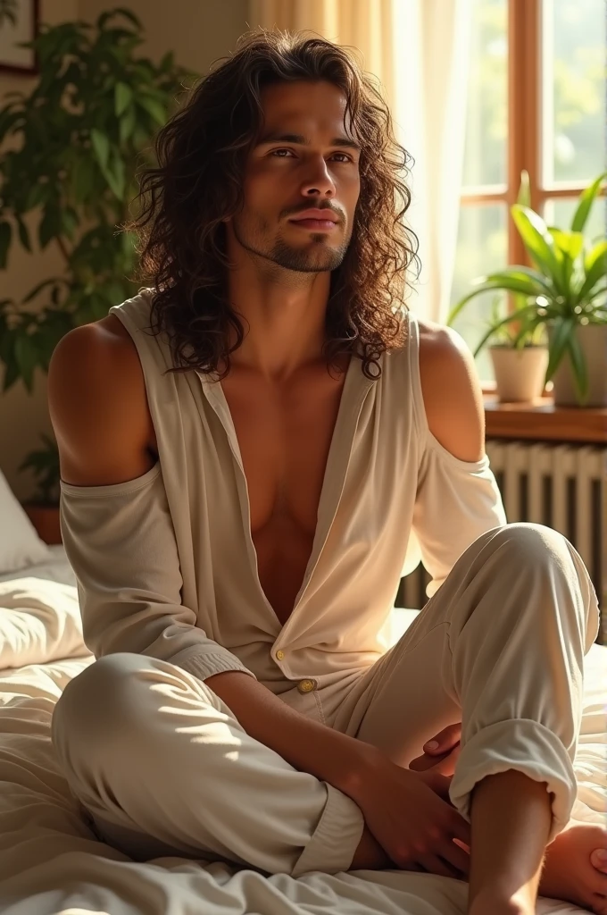 (photorealism:1.2), beautiful man, sitting on bed, wearing loose off-shoulder top, pajama pants, long curly hair, indoors, soft lighting, plants in background, window with sunlight, cozy room, relaxed pose, realistic, intricate details, warm colors, by Greg Rutkowski, by Alphonse Mucha