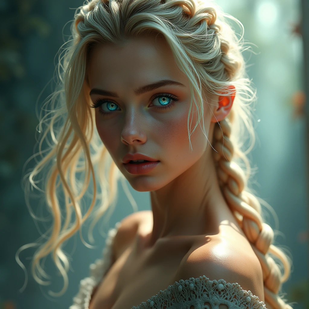 Commander, blonde hair blonde woman braids with freckles turquoise blue eyes a strangulation and strangler on head tights black fishnet combination, soleil bleu, bleu
