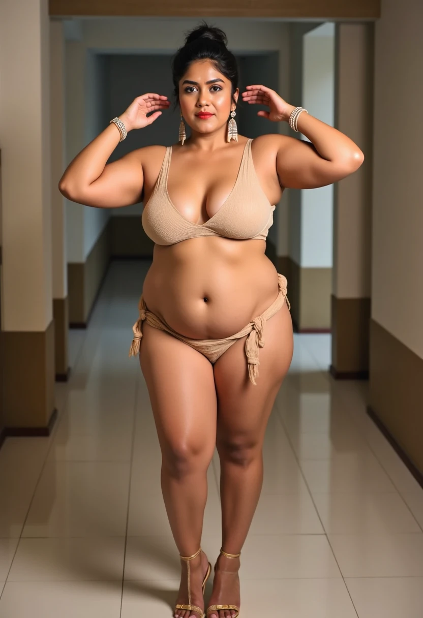 Front full body image view,50 year old indian married women looking at the viewer, without any clothes and bra ,naked,nsfw, big Fat ass,wide hips,Big thighs, swopped Big breast, Hands on the head showing stubble hairy dark armpits,Voluptuous Body,fat wide ass, messy bun,mascara, eye shadow, detailed eye makeup, red lipstic on lips,strap high heels, bangles on hand wrist,Jewellery, standing in hall,looking the viewer,ornaments, white skin tone, clean skin, full size image,Steatopygia, huge thighs,(cinematic:1.3), intricate details, (ArtStation:1.2)