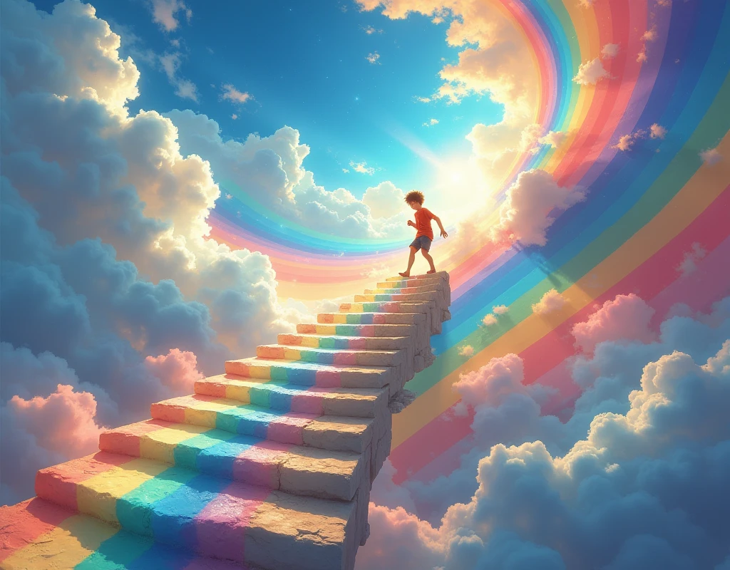 1boy, Boy flying up the sky with the rainbow next 々 that spawns a staircase,   a boy who spawns a rainbow over the sky over , There are a lot of rainbows, Walking on a rainbow :1.3, (((UHD, masterpiece, best quality, highres icon, 16k, wallpaper)))