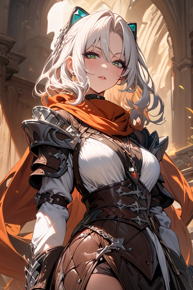 woman,  long white hair, confident, Leather Armor, mantel, scarf, ( masterpiece), ( best quality ), ( ultra detailed )