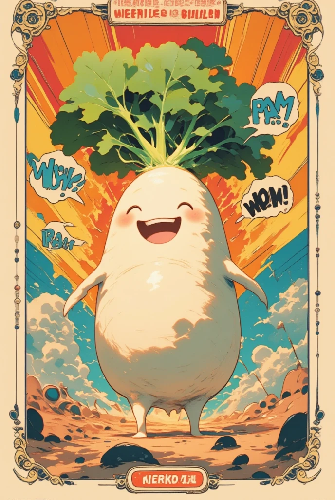 Imagine a whimsical superhero poster that captures the essence of a vintage comic book. The central figure is a "super cute DAIKON character," a charismatic Japanese white radish with human-like limbs. This daikon superhero exudes charm, boasting a beaming smile and bright, expressive eyes. Its limbs, though vegetal, convey strength and agility, hinting at extraordinary powers. The background is a vibrant tapestry of bold colors and dynamic patterns reminiscent of 1960s comic book art. Action-packed text bubbles and onomatopoeic words like "BAM!" and "WHOOSH!" surround the character, giving the impression of an epic showdown. The border of the poster is adorned with stylized illustrations of traditional Japanese symbols, providing a cultural nod. The typography is bold, with a retro flair, featuring the title "Superhero DAIKON: The Veggie Avenger!" at the top.