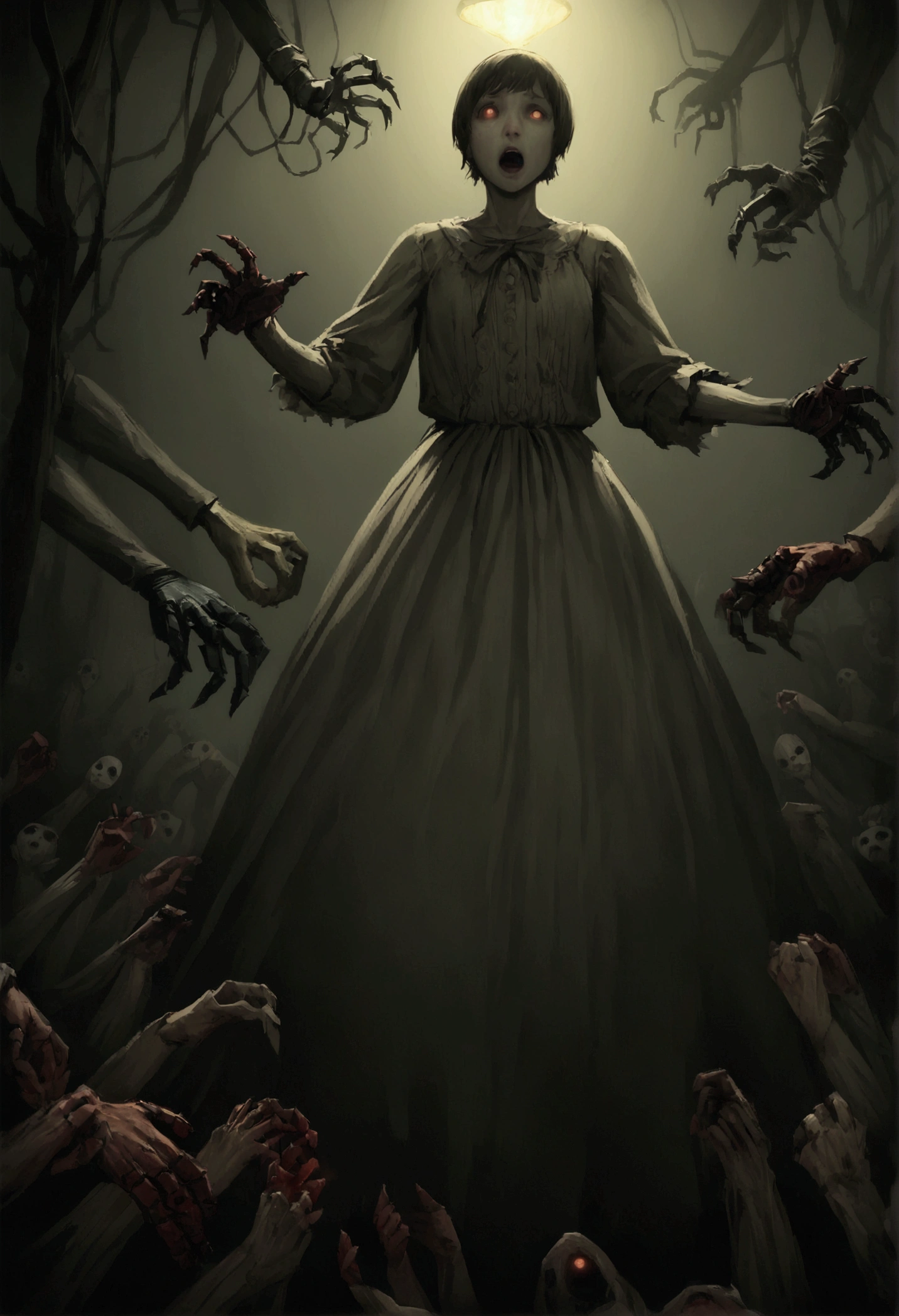 an image of a dark hallway with many hands reaching out to each other in it, six from little nightmares, little nightmares, still from animated horror movie, indie video game horror, [ horror game ], hyperrealistic nightmare scene, hand of fear, horror game, highly detailed horror dystopian, horror video game, screenshot from the game, creepy and dramatic atmosphere, light instead of hands, silent hill game, highly detailed horror, animated film still, horror game graphics, mechanical hands, illustration