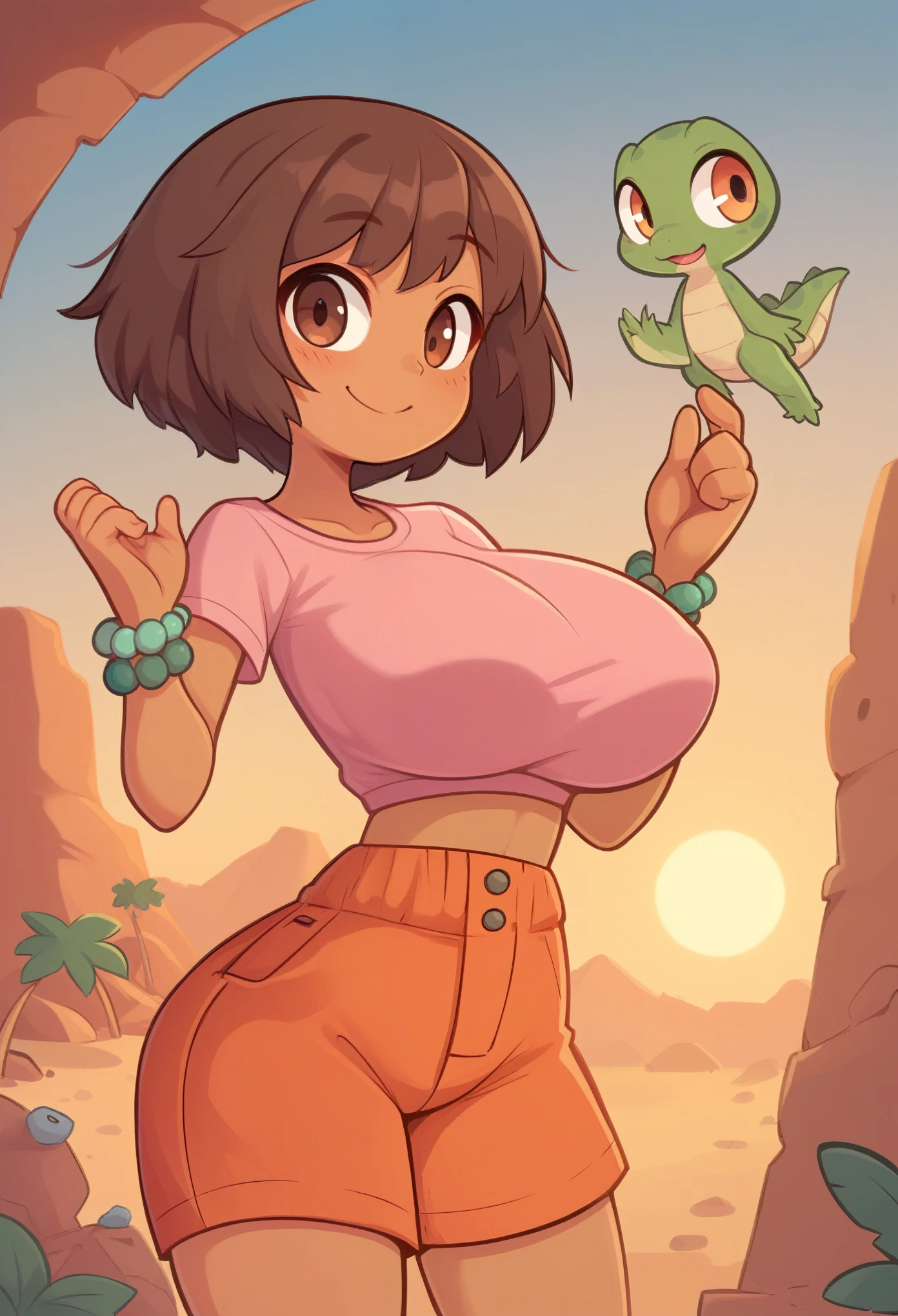 Young teenager, dark brown hair, bob cut hair, puffy hair, big hair, bangs, dark tan skin, Latina girl, brown eyes, desert ruins, holding a lizard, lizards on rocks, sunset, pink t shirt, orange shorts, bead bracelet, smiling, huge breasts, bare midriff, slender body, thin waist, cute,