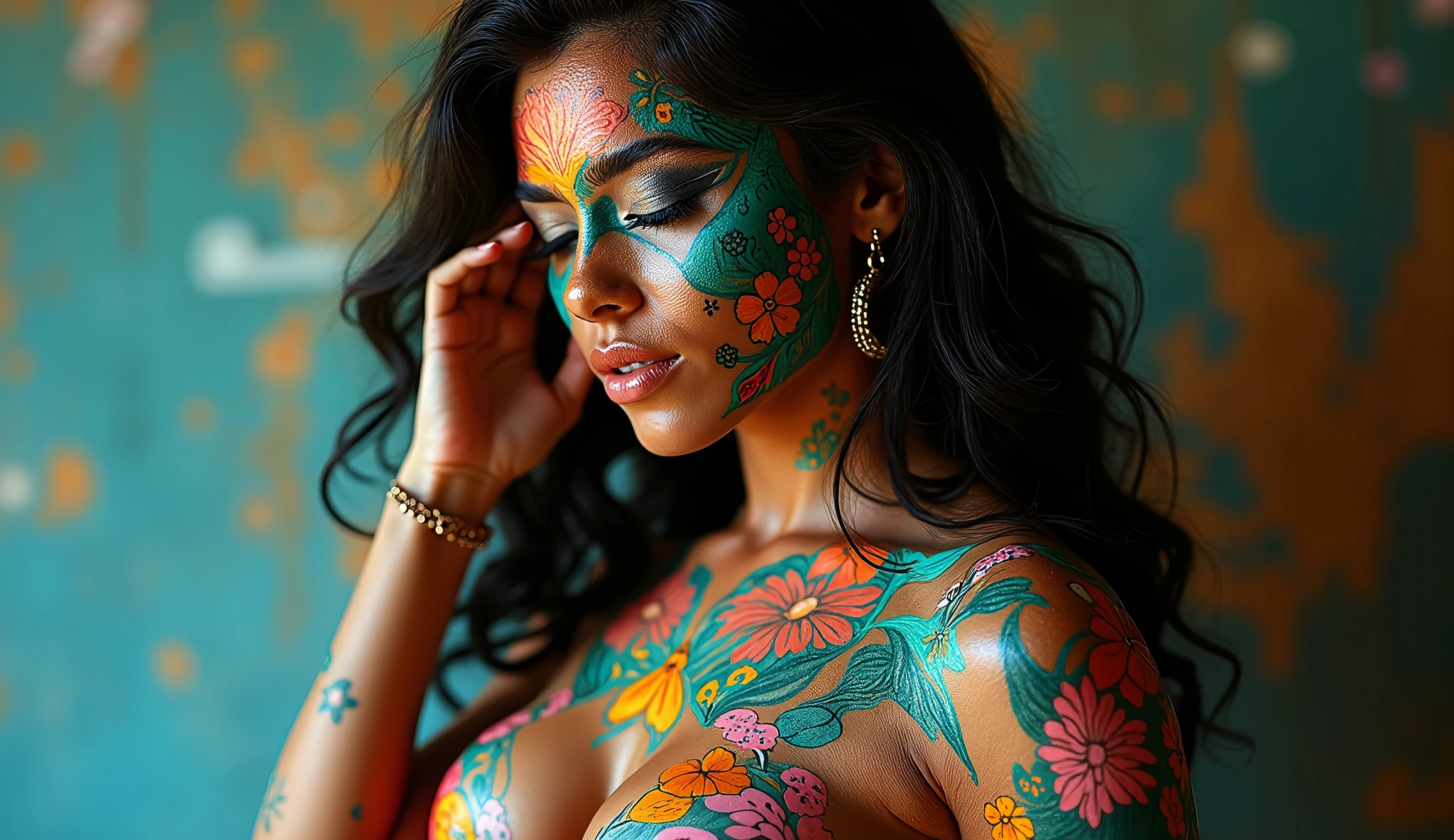 Photographed on 35mm film, as cativantes pinturas corporais adornam a forma curvilínea de uma mulher deslumbrante featuring pele cor de azeitona e cabelo preto em cascata. The intricate geometric designs and bold splashes of color create a visually stunning and artfully crafted masterpiece., featuring grande detalhe, color palette Vibrantes, soft and blurred colors, long exposure motion blur, featuringposição centrada, perfect symmetry.
Traduzido featuring a versão gratuita do tradutor - DeepL.featuring