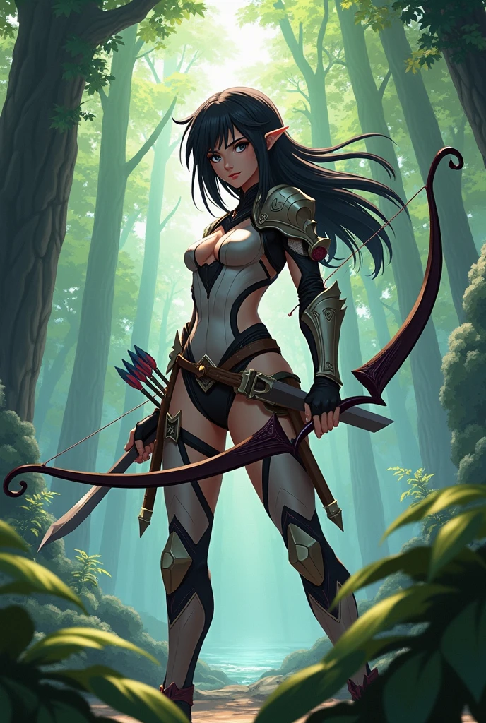 full body display、Dark Elf、Fantasy World Inhabitants、、Cute face、Dark skin color、Long ears、Mysterious look、Red eyes、Wearing bikini armor、Warrior's attire、Has a bow and arrow、Holding a bow and arrow、The background is the forest、