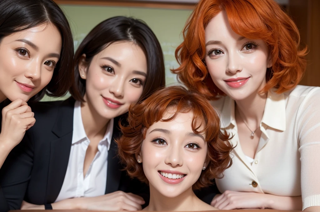 three sexy women in office lady outfits, looking at camera, cute smiles, happy opened mouths, goth eye makeup, close up faces portrait, short curly orange hair, view from below