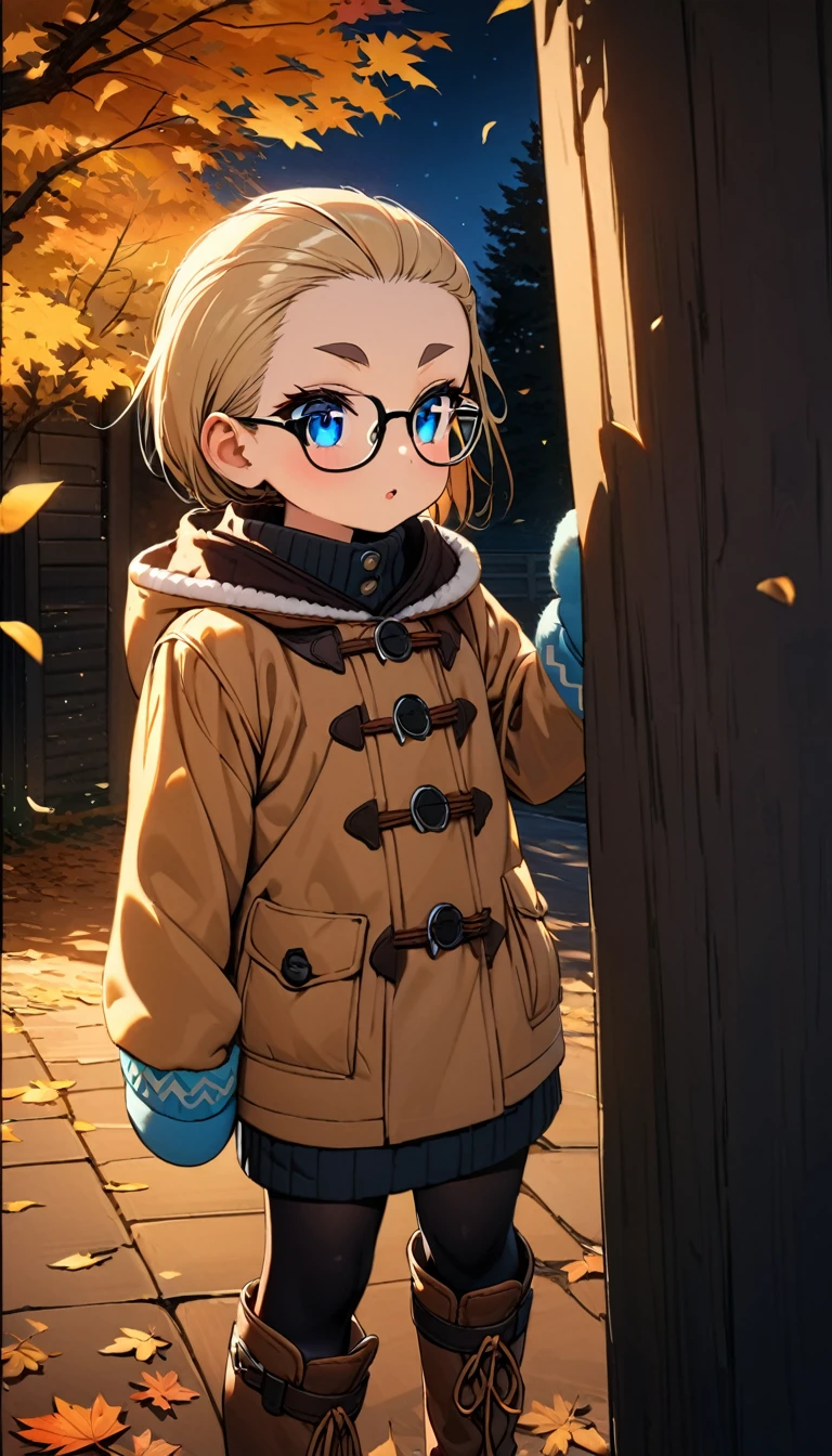 Speedy Shot,(Top quality masterpiece),detailed,ultra detailed,hyper detailed,insanely detailed,Exquisite,Beautiful Full HD,16k,cute,Fantasy,A vibrant academic community,Soft line design,Soft　Surface,Simple line drawing,The best light,Fast Shutter Speed,  depth of border described,Highly saturated colors,BREAK,
(10yo),skinny,flat chested,(forehead,hair slicked back:1.3),Beautiful blonde hair,(blue eyes),(black nodoka glasses),thick bluish eyeshadow, thin eyebrows, thick black eyeliner, Highlighted eyes with eyeliner, false eyelashes,BREAK,
fall leaves for  discharge,((night)),A tree with colored leaves illuminated,stand next to a tree,BREAK,
Knit hat, mittens, duffel coat, boots
