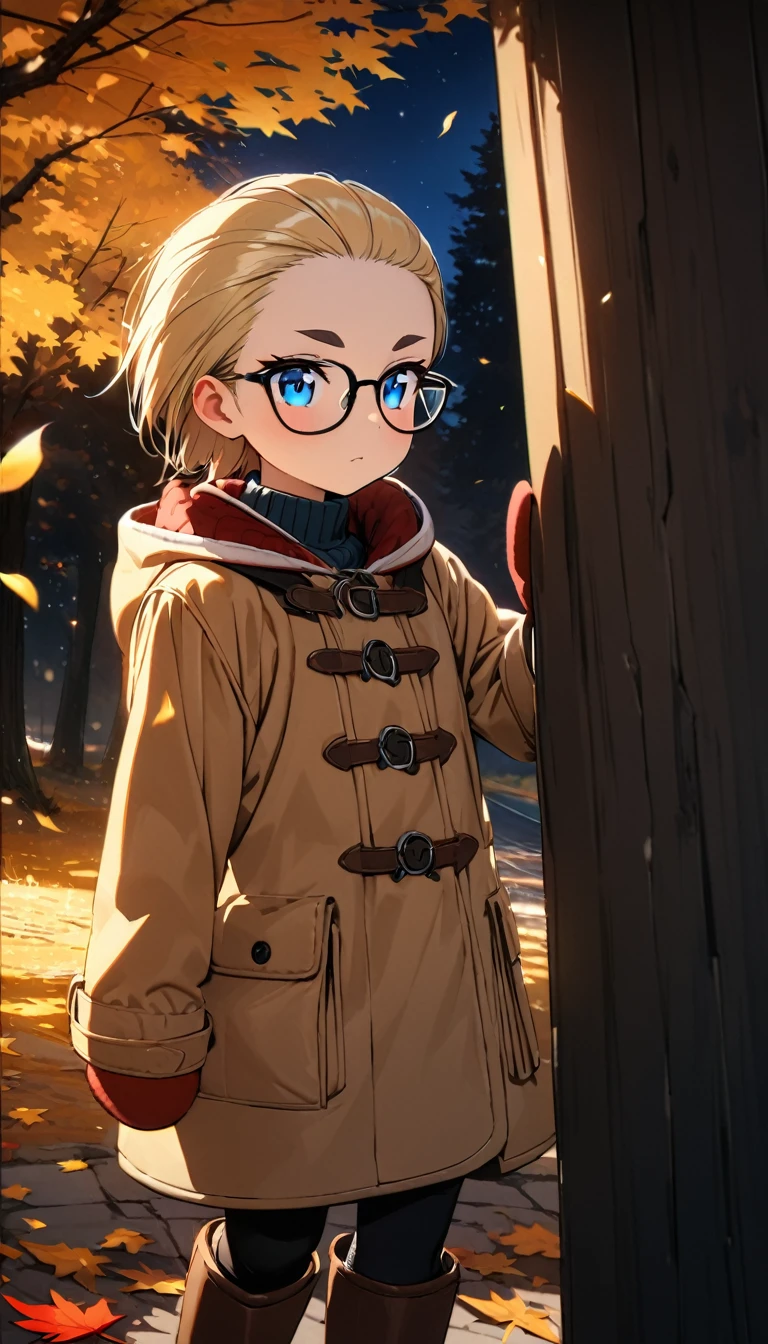 Speedy Shot,(Top quality masterpiece),detailed,ultra detailed,hyper detailed,insanely detailed,Exquisite,Beautiful Full HD,16k,cute,Fantasy,A vibrant academic community,Soft line design,Soft　Surface,Simple line drawing,The best light,Fast Shutter Speed,  depth of border described,Highly saturated colors,BREAK,
(10yo),skinny,flat chested,(forehead,hair slicked back:1.3),Beautiful blonde hair,(blue eyes),(black nodoka glasses),thick bluish eyeshadow, thin eyebrows, thick black eyeliner, Highlighted eyes with eyeliner, false eyelashes,BREAK,
fall leaves for  discharge,((night)),A tree with colored leaves illuminated,stand next to a tree,BREAK,
Knit hat, mittens, duffel coat, boots
