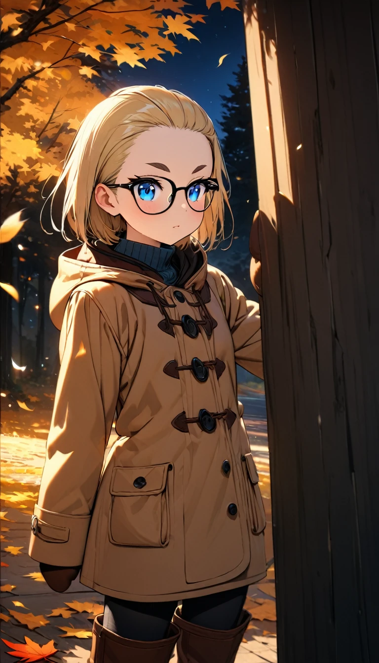 Speedy Shot,(Top quality masterpiece),detailed,ultra detailed,hyper detailed,insanely detailed,Exquisite,Beautiful Full HD,16k,cute,Fantasy,A vibrant academic community,Soft line design,Soft　Surface,Simple line drawing,The best light,Fast Shutter Speed,  depth of border described,Highly saturated colors,BREAK,
(10yo),skinny,flat chested,(forehead,hair slicked back:1.3),Beautiful blonde hair,(blue eyes),(black nodoka glasses),thick bluish eyeshadow, thin eyebrows, thick black eyeliner, Highlighted eyes with eyeliner, false eyelashes,BREAK,
fall leaves for  discharge,((night)),A tree with colored leaves illuminated,stand next to a tree,BREAK,
Knit hat, mittens, duffel coat, boots
