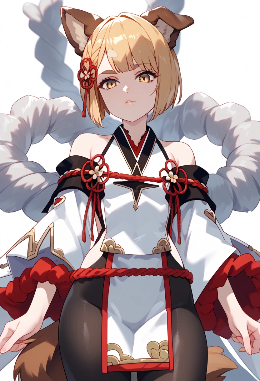 Masterpiece, anime style, 1girl, solo, vajradef, blonde, yellow eyes, dog tail, dog ears, small breasts, black pantyhose, hair ornament, japanese clothes, bare shoulders, detached sleeves, wide sleeves, white pelvic curtain, ropes on back, portrait, looking at viewer, innexpressive, white background, simple background, score_9, score_8_up, score_7_up, unaestheticXL_bp5, badhandv4