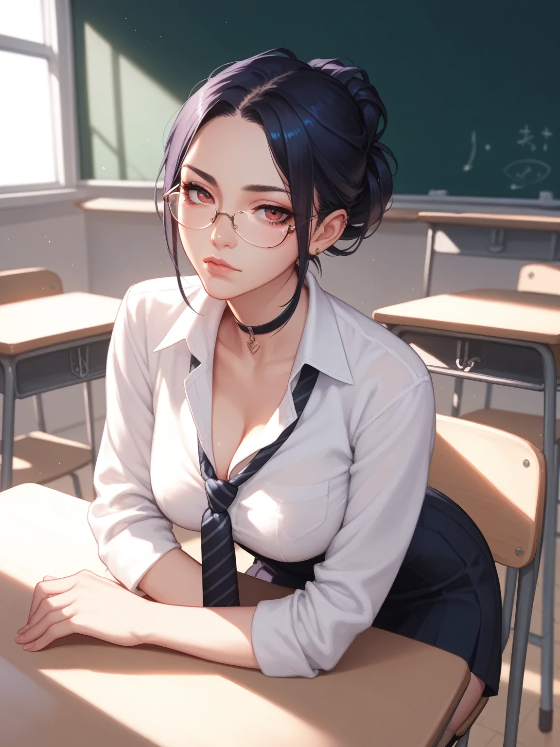 Top angle, anime, naughty girl like Sejuani, bored facial, necktie, glasses, in the classroom, evening light,