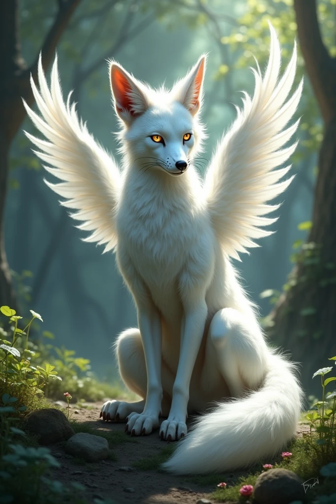 A beastman, a white fox with red eyes, sits on a stone, against the background of a ruined city, with a lowered face, behind his back he has large black raven wings, a dark aura hovers around him