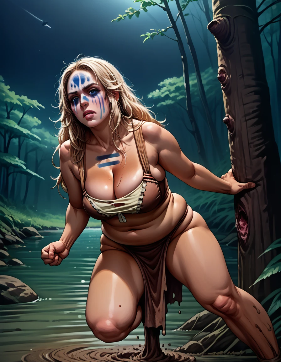 score_9, score_8_up, score_7_up, source_anime, 1 woman, tan woman, action shot ,, chubby, belly overhang , cleavage, skindentation , lize1st, , pretty girl in a loincloth, (climbing a tree:1.1), dark sky, swamp background, volumetric and specular lighting, ((large sagging chest)) ((art by norman rockwell))  elbows squeezing breasts together 
((Safe for work)) ((dynamic angle)) ((very long dirty hair)) ((realistic anime)), (mud facepaint)