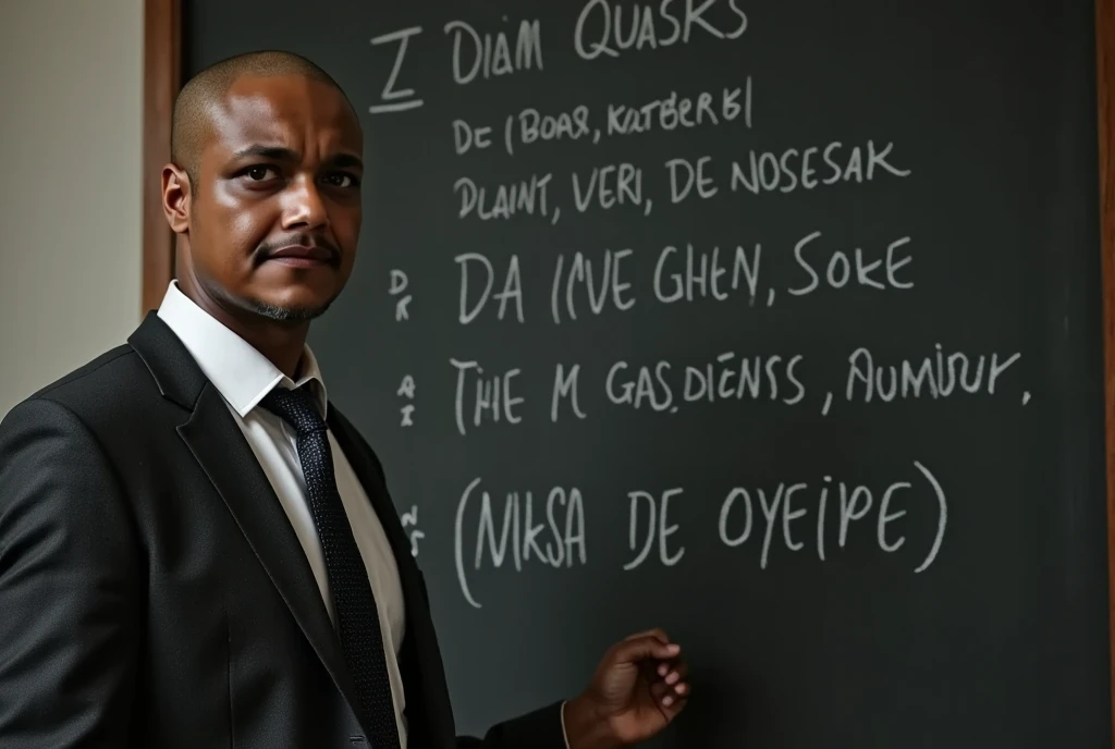 a handsome black man with shaved hair , teacher writing with chalk on the blackboard , are writing on a blackboard " Verb is a grammatical class that expresses actions ,  States ,  natural phenomena or other facts , localizando-os no time.  Verbs flex in person , Number, Mode, time, aspecto e voice. 
 Verb conjugation is the flexion of verbs in person, voice, Mode, time e Number"