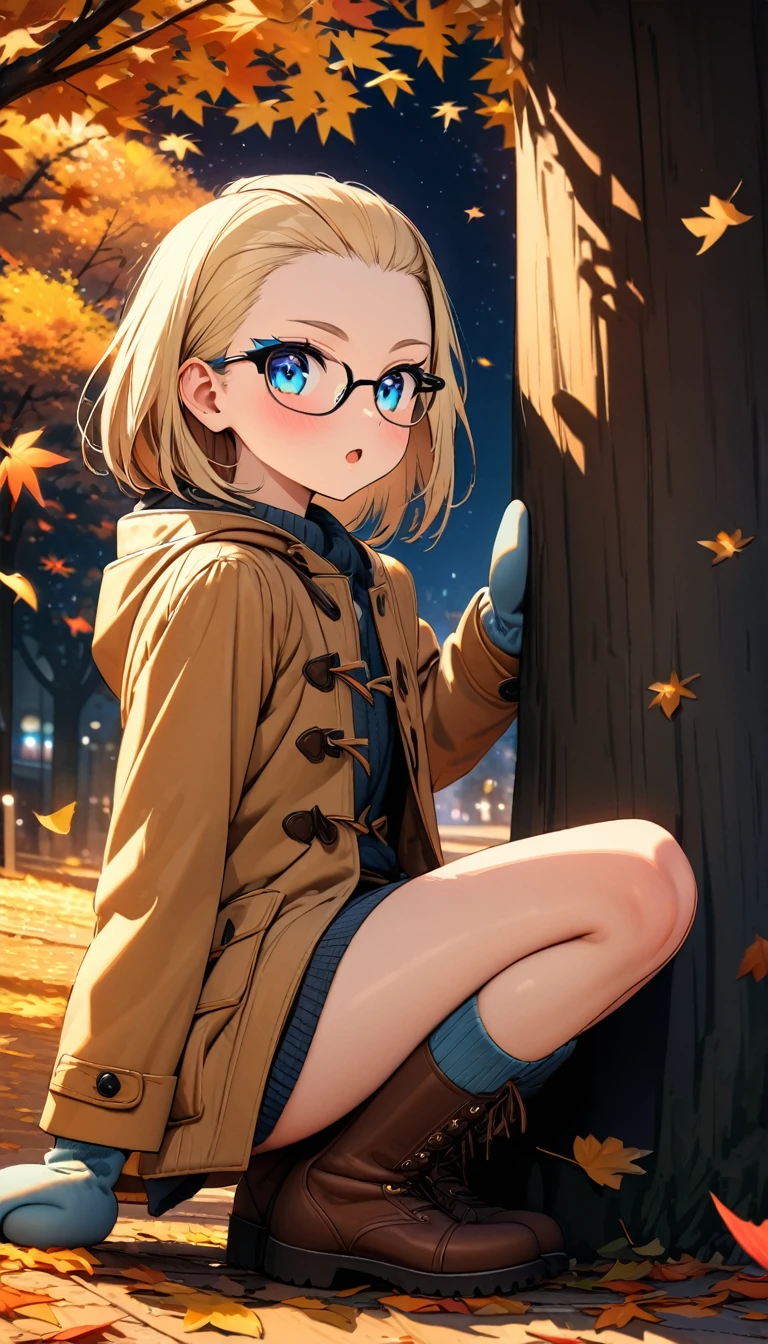 Speedy Shot,(Top quality masterpiece),detailed,ultra detailed,hyper detailed,insanely detailed,Exquisite,Beautiful Full HD,16k,cute,Fantasy,A vibrant academic community,Soft line design,Soft　Surface,Simple line drawing,The best light,Fast Shutter Speed,  depth of border described,Highly saturated colors,BREAK,
(10yo),skinny,flat chested,(forehead,hair slicked back:1.3),Beautiful blonde hair,(blue eyes),(black nodoka glasses),thick bluish eyeshadow, thin eyebrows, thick black eyeliner, Highlighted eyes with eyeliner, false eyelashes,BREAK,
fall leaves for  discharge,((night)),A tree with colored leaves illuminated,stand next to a tree,BREAK,
Knit hat, mittens, duffel coat, boots
