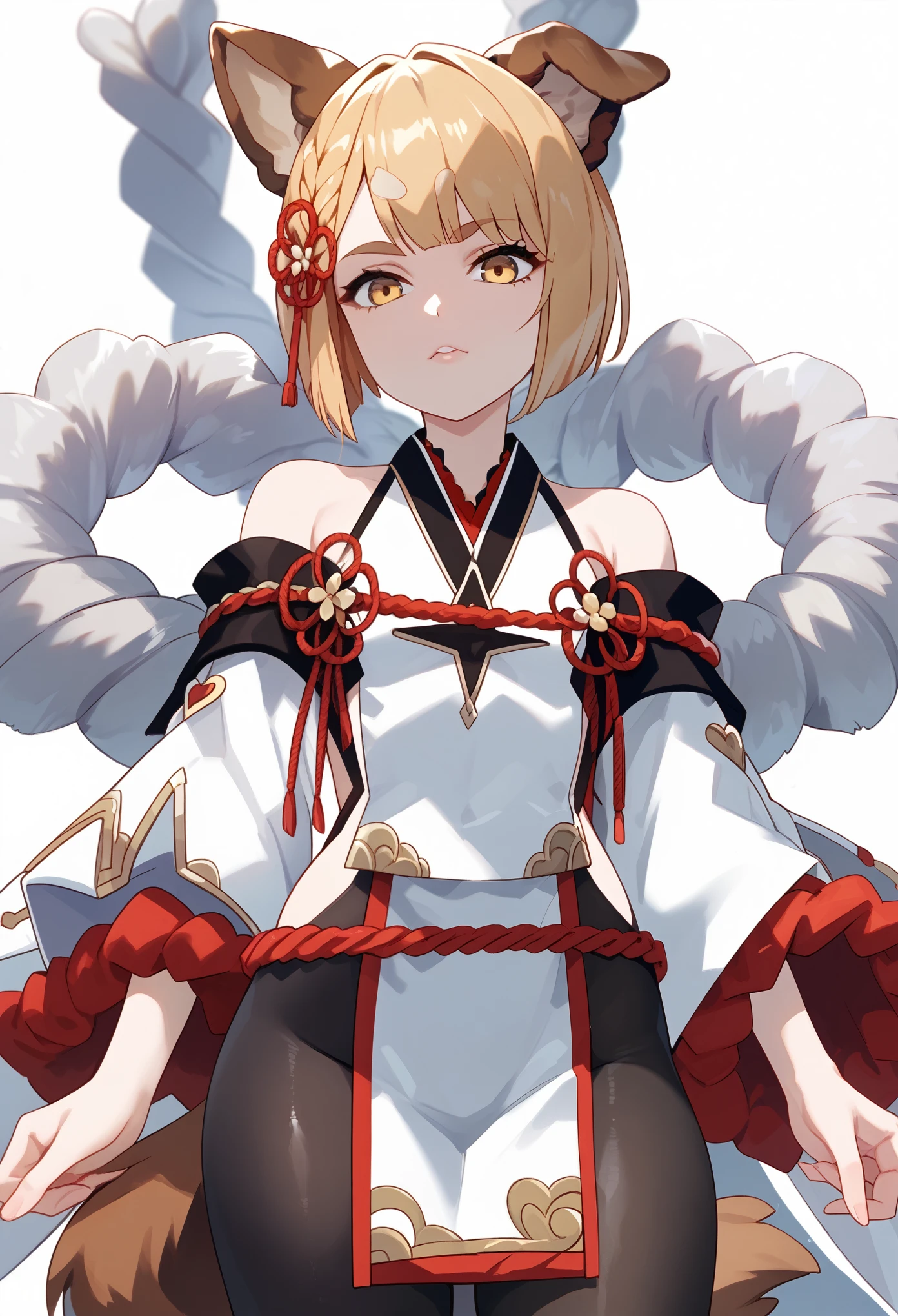 Masterpiece, anime style, 1girl, solo, vajradef, blonde, yellow eyes, dog tail, dog ears, small breasts, black pantyhose, hair ornament, japanese clothes, bare shoulders, detached sleeves, wide sleeves, white pelvic curtain, ropes on back, portrait, looking at viewer, innexpressive, white background, simple background, score_9, score_8_up, score_7_up, unaestheticXL_bp5, badhandv4