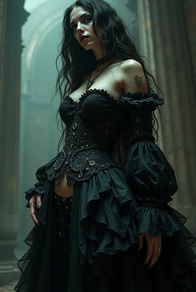 dark fantasy, gothic, disgust, contempt, authority, from below, dark dungeon, light spill, corset, intricate design, maxi dress, highly detailed face, expressive, side eye, tilted head, angle, chains,