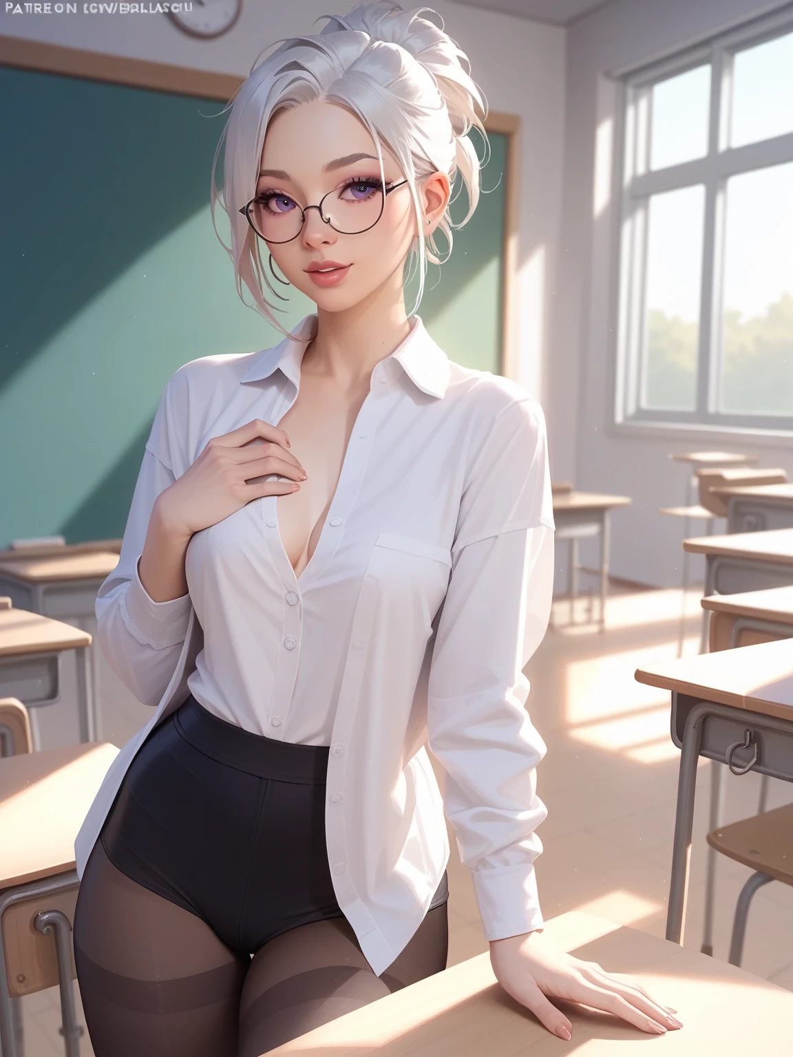 fit angle, realistic, neatly girl like Renata Glasc, attractive facial, tights, eyewear, in the classroom, evening light,