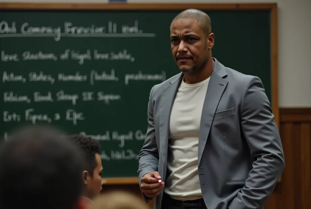 a handsome black man with shaved hair , teacher writing with chalk on the blackboard , are writing on a blackboard " Verb is a grammatical class that expresses actions ,  States ,  natural phenomena or other facts , localizando-os no time.  Verbs flex in person , Number, Mode, time, Aspect and voice ."