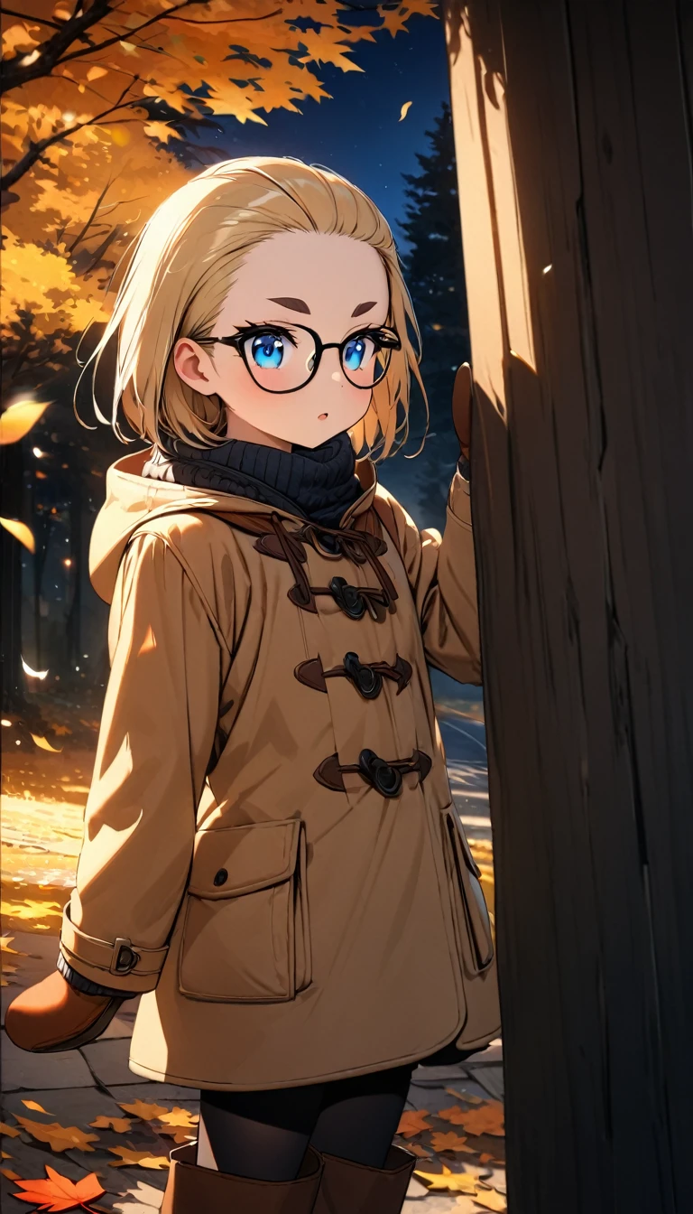 Speedy Shot,(Top quality masterpiece),detailed,ultra detailed,hyper detailed,insanely detailed,Exquisite,Beautiful Full HD,16k,cute,Fantasy,A vibrant academic community,Soft line design,Soft　Surface,Simple line drawing,The best light,Fast Shutter Speed,  depth of border described,Highly saturated colors,BREAK,
(10yo),skinny,flat chested,(forehead,hair slicked back:1.3),Beautiful blonde hair,(blue eyes),(black nodoka glasses),thick bluish eyeshadow, thin eyebrows, thick black eyeliner, Highlighted eyes with eyeliner, false eyelashes,BREAK,
fall leaves for  discharge,((night)),A tree with colored leaves illuminated,stand next to a tree,BREAK,
Knit hat, mittens, duffel coat, boots
