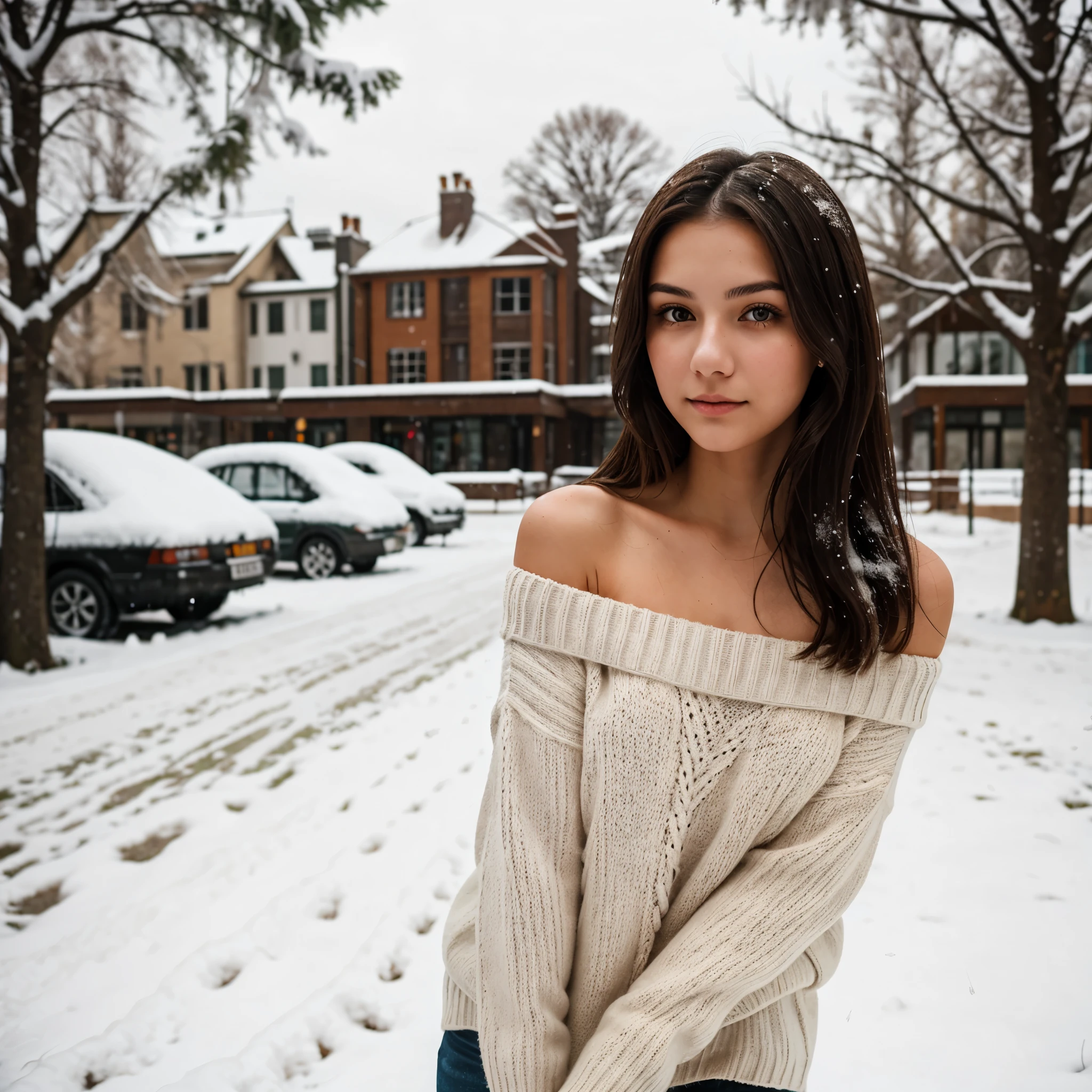 professional portrait photograph of a gorgeous Israel girl in coctail dress with long wavy blonde hair, sultry flirty look, gorgeous symmetrical face, cute natural makeup, wearing elegant coctail dress, ((standing outside in snowy city street)), stunning modern urban environment, ultra realistic, concept art, elegant, highly detailed, intricate, sharp focus, depth of field, f/1. 8, 85mm, medium shot, mid shot, (((professionally color graded))), bright soft diffused light, (volumetric fog), trending on instagram, hdr 4k