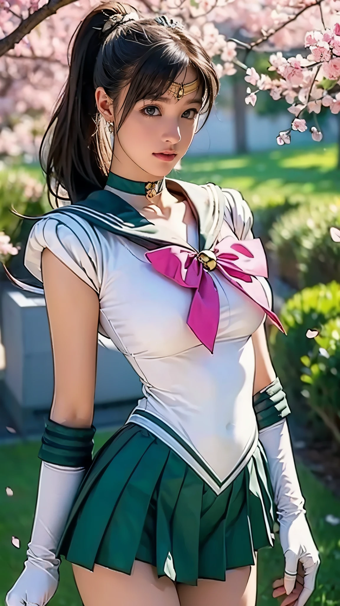 (masterpiece, best quality:1.4), (whole body:1.5), ( standing), 1 girl , Alone, saggy breasts:1.5, Big Eyes, Droopy eyes:1.5, Extremely thin thighs:1.5, Body-fitting outfits, Ham Jupiter, (Green Eyes:1.2), ponytails bleeding from the vagina, ( tiara :1.2), jewelry, (sailor senshi uniform:1.5), Green sailor collar, choker, elbow gloves, white gloves, Pink Ribbon , brooch, white leotard , GREEN SKIRT , pleated skirt to watch the sunrise:1), beautiful face, has a very detailed face , high definition eyes , high definition skin, Subsurface scattering , sexy smile , Cherry blossom tree background, Subsurface scattering , detailed background, depth of writing, Volumetric Lighting, sharp concentration, Nonsense, Realistic proportions, good anatomy , (Realistic, hyperRealistic:1.4), 16K HDR,